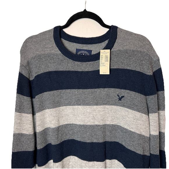 NWT American Eagle Men's Sweater Size X-Large Athletic Fit Gray Blue Striped - Picture 3 of 7